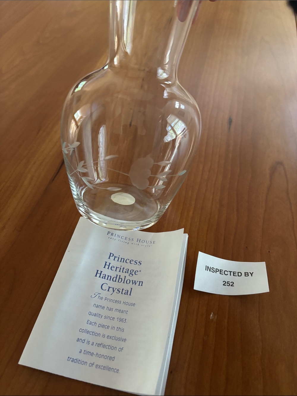 Princess House Heritage Clear Etched Handblown Crystal Bud Vase